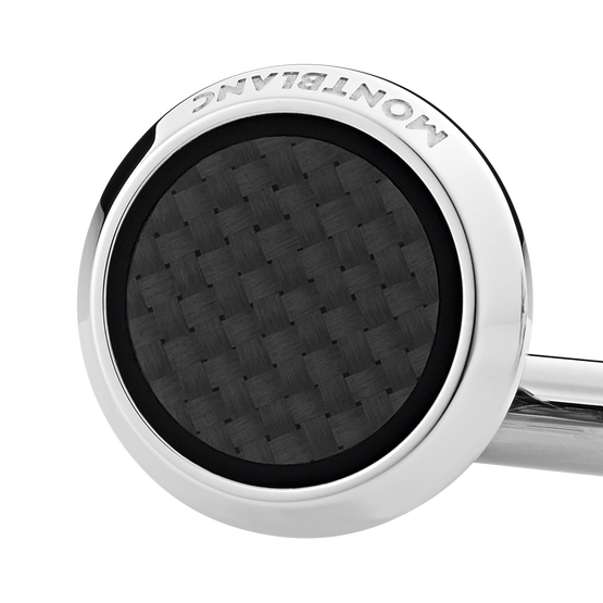 Cufflinks, round in stainless steel with carbon-patterned inlay